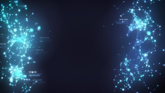 Blue data clusters pulse along both sides of a dark digital matrix, leaving central copy space in a sleek cinematic loop for technology marketing, presentations, and ads.