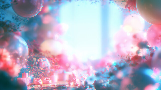 Magical Soft Focus Baby Shower with Balloons and Gifts