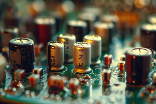 Close up of electrolytic capacitors and resistors on a circuit board, highlighting electronic components and technology