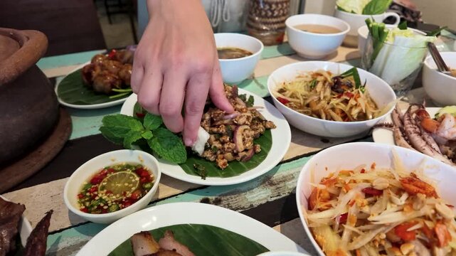 Person Eating Thai Street Food with Sticky Rice and Larb