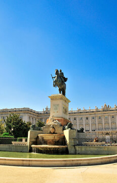 Madrid Plaza de Oriente, statue of Felipe IV. Famous landmark, Madrid, Spain