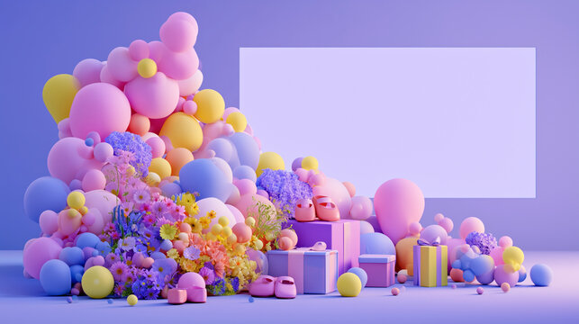 Pastel baby shower scene with balloons, flowers, and gifts