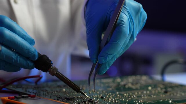 Close-up of semiconductor microchip on circuit board, motherboard processor for computer repair, hardware technology and chip manufacturing industry concept.