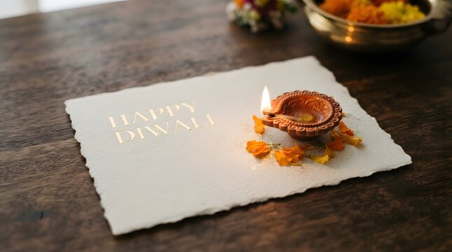 Happy diwali greeting card with a single lit diya oil lamp and marigold petals on textured paper, placed on a rustic wooden table