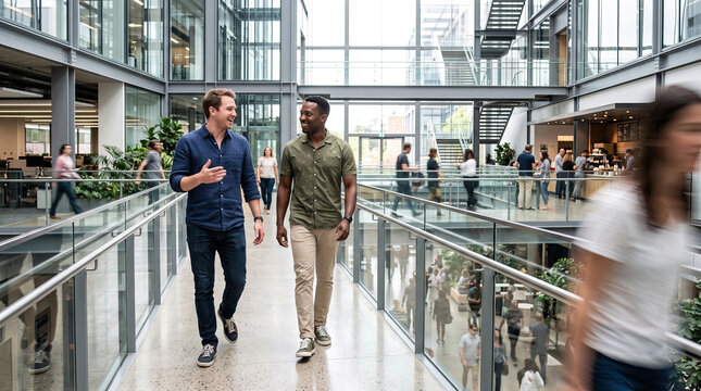 Two men talking while walking on a modern office building walkway