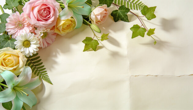 Elegant floral frame background template, fresh spring flower border arrangement, pastel rose lily copy space layout, beautiful wedding greeting card design, botanical blooming paper background.