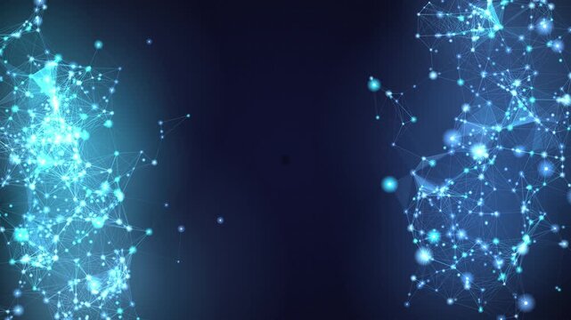 Luminous blue network clusters expand across a dark data field while signals connect between nodes, delivering a cinematic AI backdrop for business, innovation, and tech promos.
