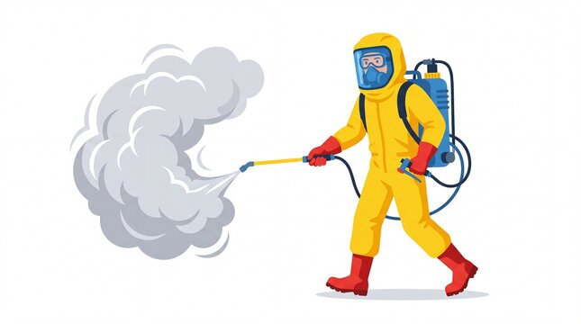 Professional cleaner wearing bright yellow hazmat suit spraying disinfectant mist as isolated on white background