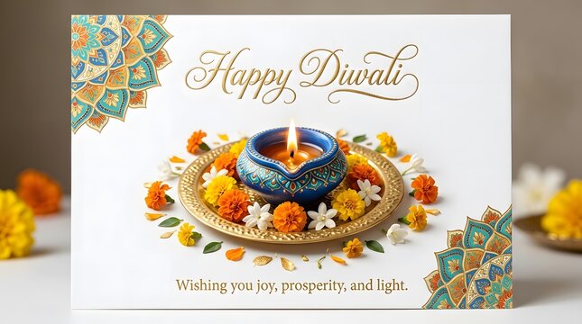 Happy diwali greeting card with a lit diya lamp on a golden plate decorated with marigold flowers and mandala patterns isolated on white background