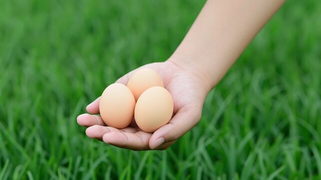 Hand holding three raw chicken eggs against a green grass background, representing freshness and nature