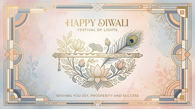 Elegant happy diwali greeting card with flute, peacock feather, and lotus flowers in a decorative art deco frame
