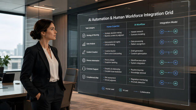 Businesswoman looking at transparent digital display showing AI automation and human workforce integration grid matrix diagram in modern office.