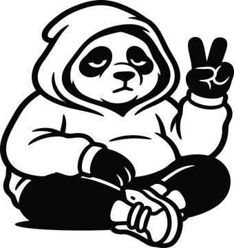 A stylized black line art illustration of a cool panda bear wearing a trendy hoodie and showing a peace hand gesture.