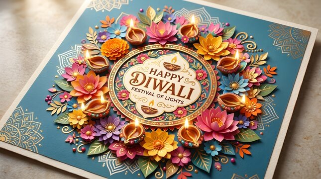 Happy diwali festival of lights greeting card with paper craft flowers and glowing diya lamps