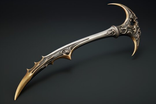 Ornate fantasy glaive weapon with gold details lying on a dark gray surface