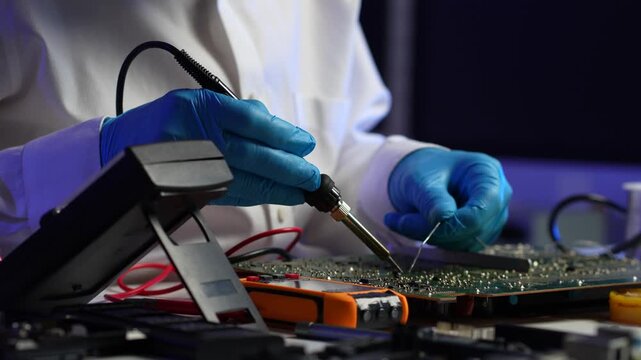 High-tech semiconductor microchip processing unit on circuit board, modern CPU technology for AI, computer hardware and electronic component concept.