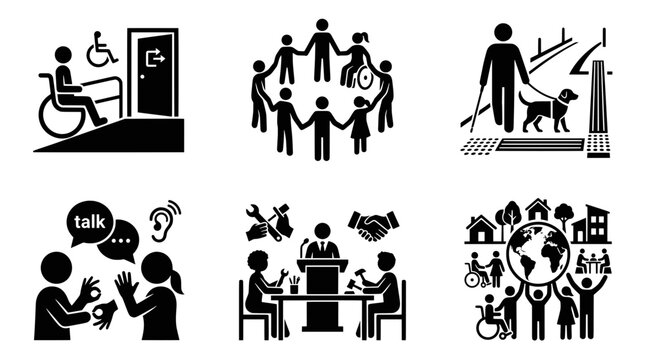 Set of black disability accessibility and community inclusion icons showing wheelchair access sign language and support