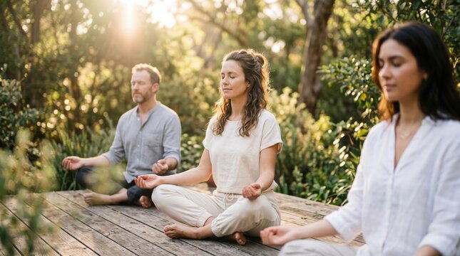 Small Group of Friends Meditating Together Outdoors in Warm Morning Sunlight