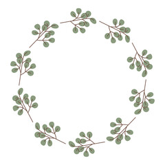 Obraz premium Eucalyptus Branch Circle Frame. Card Template. Round border with slender leaves stems. Blank center for custom text. For spa invitation, botanical stationery, wellness greeting cards.