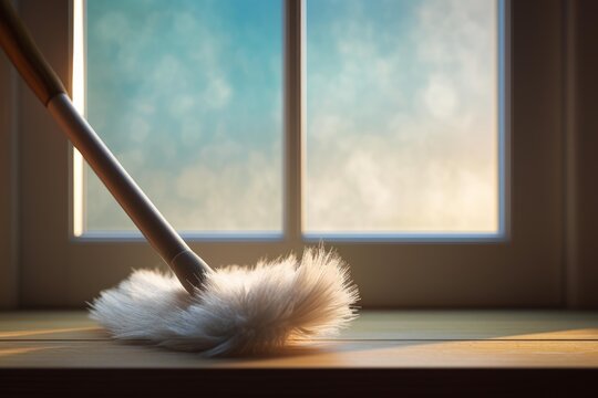 Cleaning windowsill with feather duster at sunset, housekeeper performing spring cleaning with sunrise view from window