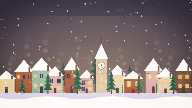 Falling snow surrounds a charming illustrated winter village and clock tower in a calm holiday scene, designed as a cinematic background for Christmas marketing and advertising.