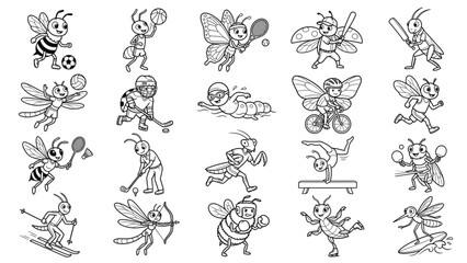 Obraz premium Insects Playing Sports Coloring Page Bee Butterfly Ant and Bugs Doing Sports