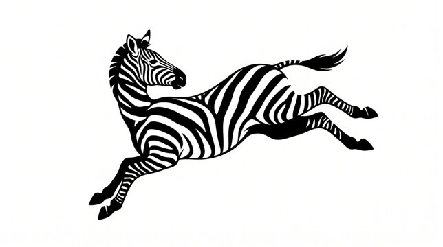 A striking black and white vector illustration of a zebra leaping energetically across a plain white background.