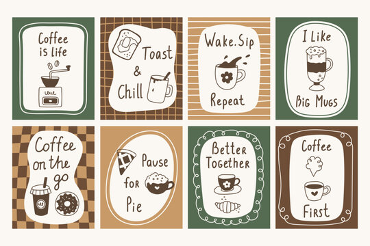 Vintage Coffee Quote Posters Set. Playful hand drawn sketchy vertical banners collection with funny handwritten letering text and doodle Pastry Cafe Bakery elements. Vector illustration