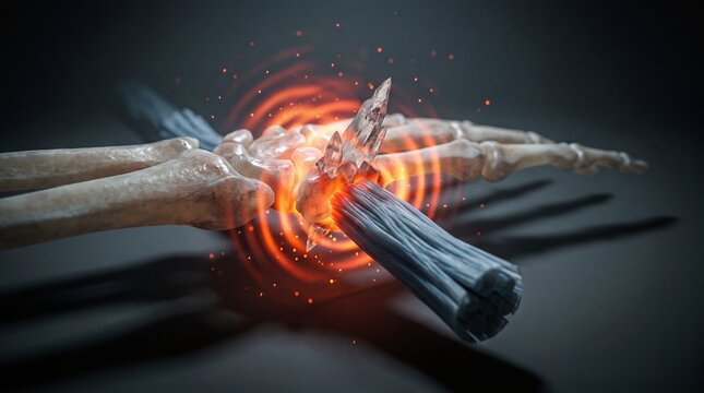 3D Skeletal View of Forearm and Hand with Sharp Osteophyte Piercing Nerve and Concentric Pain Flares