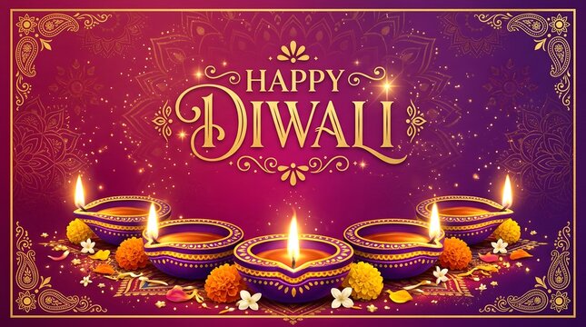 Happy diwali greeting card with traditional oil lamps, marigold flowers, and golden decorative mandala patterns on a festive purple background