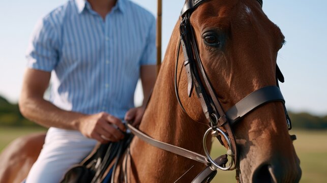 Male polo player in striped shirt holding reins of brown horse on grassy field, with clear blue sky and distant trees in the background