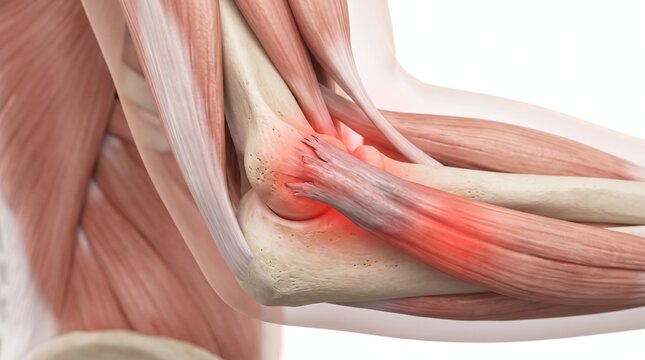 3D Medical Render of Inner Elbow Anatomy Showing Golfer's Elbow and Frayed Medial Epicondyle Tendon