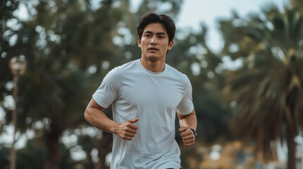 Naklejka premium Asian man running outdoors in white shirt, focused expression