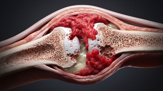 Longitudinal 3D Medical Cross Section of Knuckle Joint Showing Severe Rheumatoid Pannus Proliferation