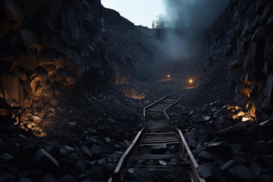 Narrow gauge railway disappearing into dark coal mine at dusk, illuminated by few lights, with smoke or fog partially obscuring the scene