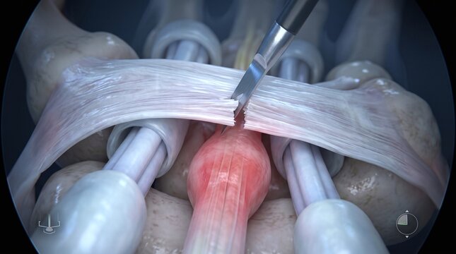 3D Endoscopic Surgical Simulation of Carpal Tunnel Release Showing Blade Incision and Deep Tendon Retractors