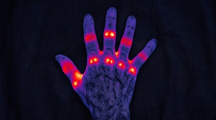 Naklejka premium Dark Field Thermal Photography of Hand with Bright White-Hot Points of Severe Knuckle Arthritis