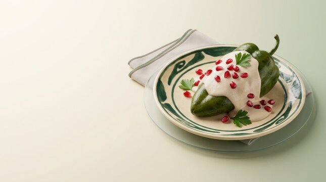 Chiles en nogada served on a traditional Mexican plate with pomegranate garnish