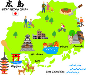 Naklejka premium 広島旅行、手描きの観光スポットと観光客フラットイラスト