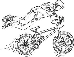 Fototapeta premium Dynamic line art illustration of a BMX rider performing an extreme superman trick mid-air with helmet, concept for athletic agility, ideal for sports posters, coloring pages, and event branding