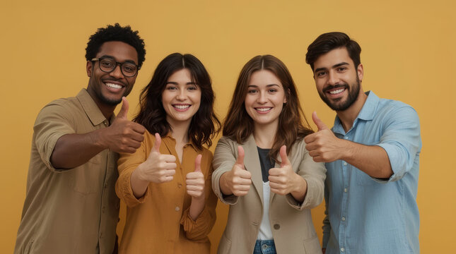 Four diverse adults giving thumbs up with cheerful expressions against yellow background