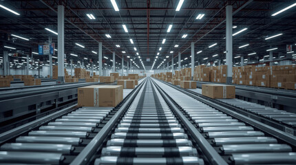 Naklejka premium Automated conveyor system inside modern distribution center with stacked cardboard box