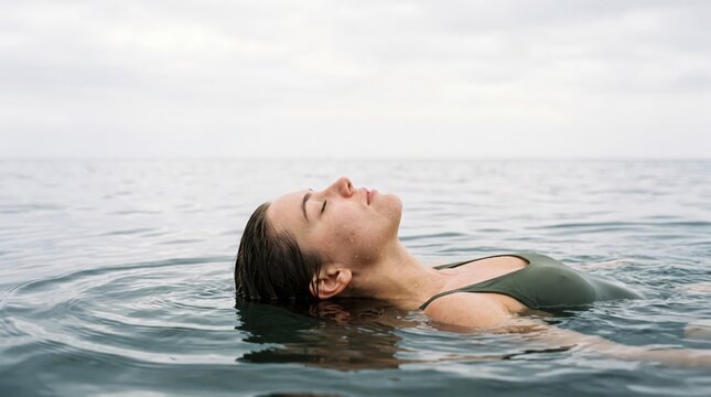 Peaceful face floating on calm open water beneath an overcast sky