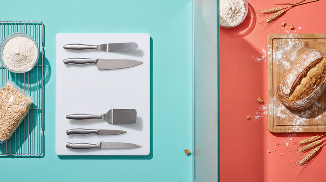 Cross-contamination prevention concept with separated baking tools and artisan bread loaf