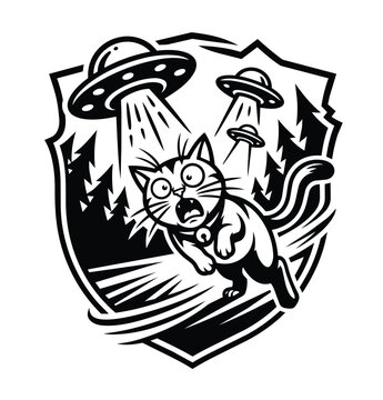 Monster Cat Kaiju UFO Forest Shield Badge Dark Black and White Vector Illustration