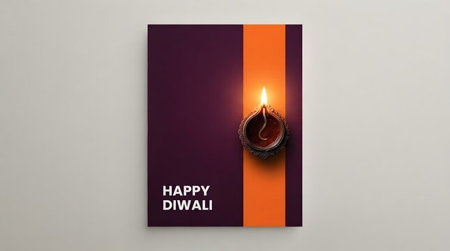 A minimalist happy diwali greeting card featuring a single lit diya oil lamp on an orange vertical stripe against a dark purple background isolated on white background