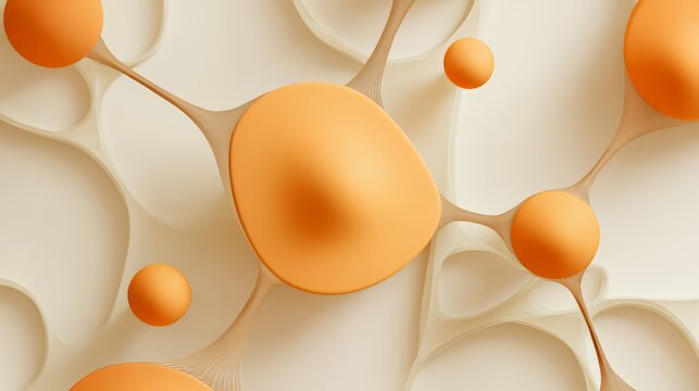 Abstract molecular structure with orange spheres and translucent connecting tissues representing organic biotechnology