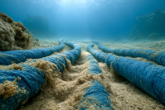 Underwater cables, internet fiber optic cables on ocean floor, global connection data, digital communication network infrastructure