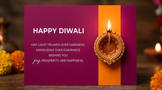 Happy diwali greeting card with a lit diya lamp on a purple and orange background, featuring festive marigold flowers and warm glowing lights
