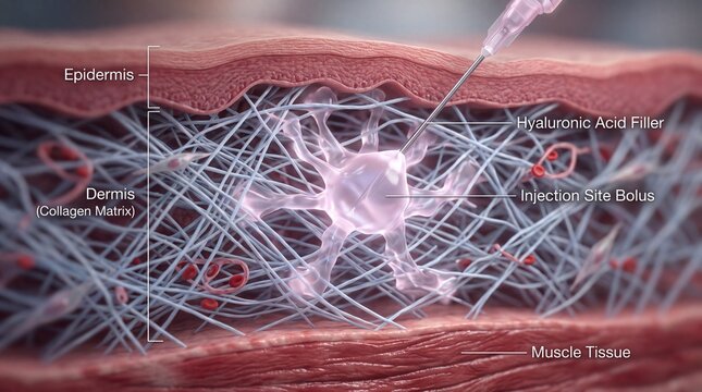 Hyaluronic acid filler injection site bolus in dermis collagen matrix, showing epidermis, muscle tissue, and detailed skin layers in educational medical illustration
